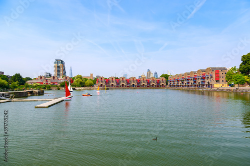 Panorama of Shadwell Basin, part of the London Docks, providing space for summer activities photo