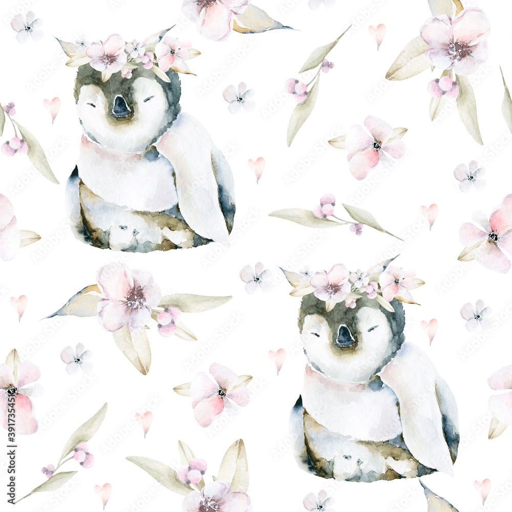 Hand drawing watercolor seamless pattern of cute penguins, pink flowers, leaves, hearts. Iillustration perfect for greeting cards, posters for St Valentine day, birthday.
