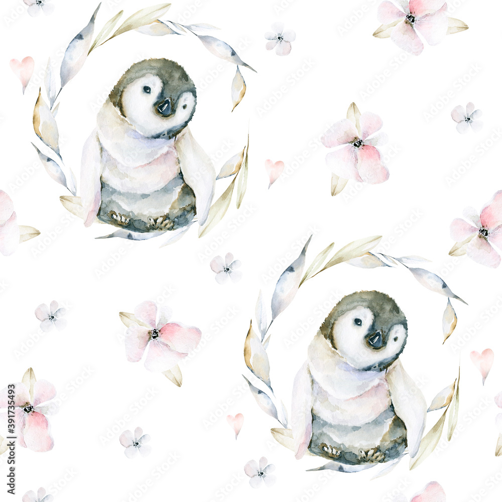 Hand drawing watercolor seamless pattern of cute penguins, hearts, with pink flowers. Iillustration perfect for greeting cards, posters for St Valentine day, birthday.