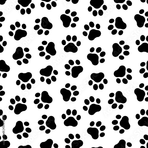 Footprints seamless pattern. Pet prints. Paw cute background for pets dog, cat. Foot puppy. Black shape pawprints. Footprint. Animal track. Trace dogs, cats. Pawprint. Design walk for print. Vector
