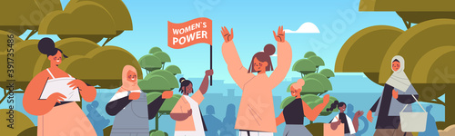 mix race girls activists stand together female empowerment movement women's community union of feminists concept landscape background horizontal portrait vector illustration