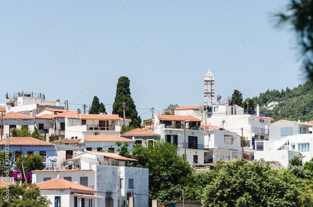 Evia island, Greece - June 28. 2020: Panorama of the tourist island of Skiathos in Greece