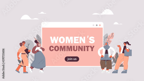 mix race girls using social network online communication female empowerment movement women's community union of feminists concept horizontal full length vector illustration