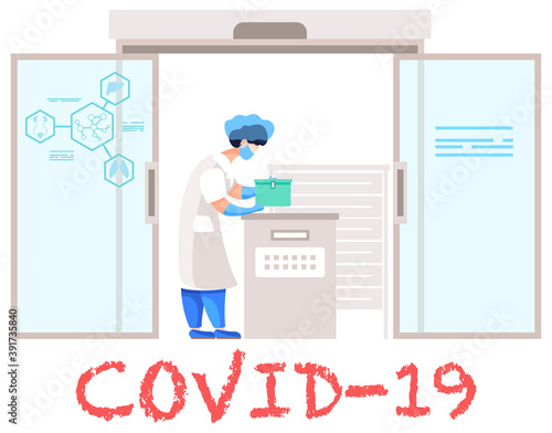 Scientific research. Chemical laboratory experiments during the virus covid-19. Girl in a lab coat is holding a box. Working with reagents and substances in vessels. Chemistry poster on background