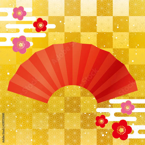 梅の花と扇の華やかな和風背景　