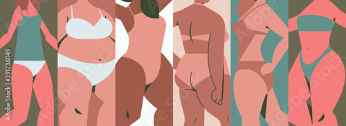 mix race women of different height figure type and size standing together love your body concept girls in swimsuits closeup portrait horizontal vector illustration