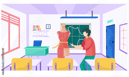 A teacher shows unfinished dress on a mannequin and explains a new topic. Pattern lesson at a school for seamstresses. Drawing on the school board. An educational institution for future seamstresses