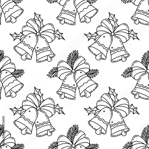 Christmas bells outline seamless pattern. Monocolor black vector texture. Festive linear wrapping paper, wallpaper design