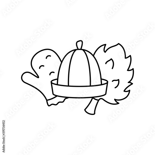 Sauna hat, broom, mitten. Line art icon of bath accessory for Russian banya. Black simple illustration. Contour isolated vector pictogram, white background