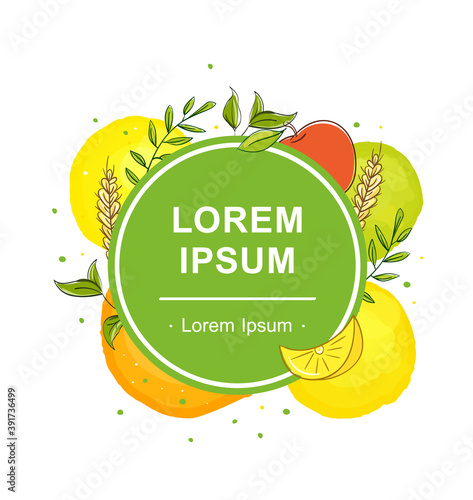 Healthy food poster with place for text. Juicy fruits round frame isolated vector illustration for your design and logo