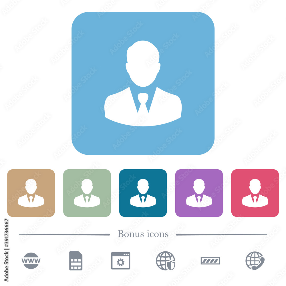 Businessman avatar flat icons on color rounded square backgrounds Businessman avatar flat icons on color rounded square backgrounds