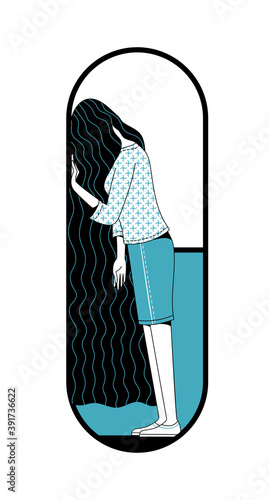 Stressed long haired woman standing inside large pill. Mental disorder, psychotherapy and drug addiction flat concept. Cartoon vector illustration