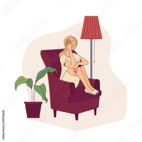 Crying young girl suffering from depression in armchair. Mental health and anxiety flat concept. Cartoon vector loneliness female character
