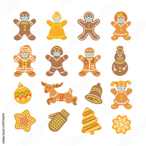 Christmas gingerbread cookies in medical masks. Simple flat vector icons of baked gingerbread men, Santa Claus, doctor and nurse, reindeer, snowflake, snowman, mitten, bell and other holiday symbols.