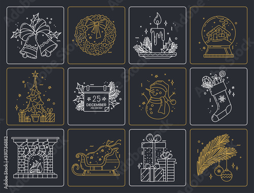 Christmas monocolor linear icons set. Thick line pictogram. Outline vector illustration. Duotone contour symbol. Editable stroke. Pixel perfect