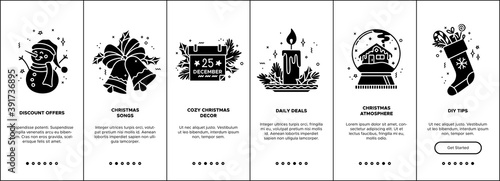 Vector Christmas onboarding screen templates with black glyph icons. New Year mobile app concept. UX, UI, GUI monocolor design. Discount offers, Christmas songs, cozy decor, daily deals, and DIY tips