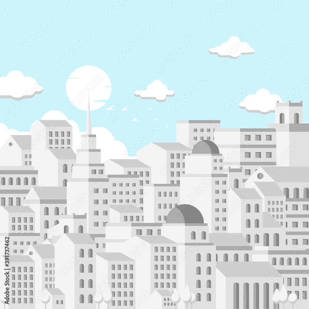 Illustration of city on blue sky, Isometric building view. Vector.