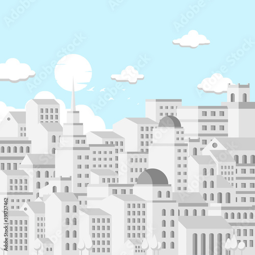 Illustration of city on blue sky  Isometric building view. Vector.