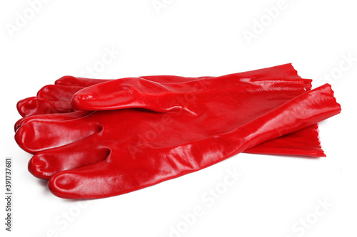 Red rubber gloves on a white background, isolate