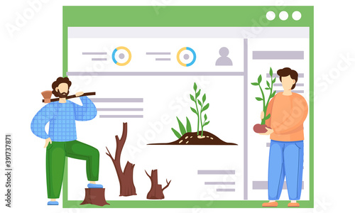 Successful Earth care. The guy holding a tree to plant. A poster with a globe polluted by factories. Lumberjack opposes deforestation. Globe destroyed by human activity. Greening the planet