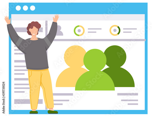 People and society on the poster on the background. Smiling guy happily raises his hands up. Statistics and analytics on the billboard. Male marketer working with project. Promoter advertises the ad