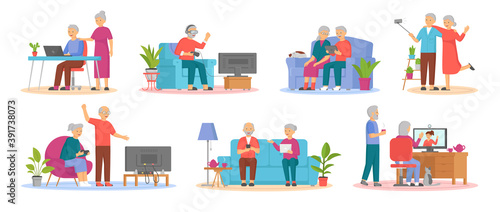 Old people play video game. Modern senior people gadgets. Oldster education computer. Old progressive use modern technology. Learning to use PC. Elderly couple gadgets. Aging parents video conference