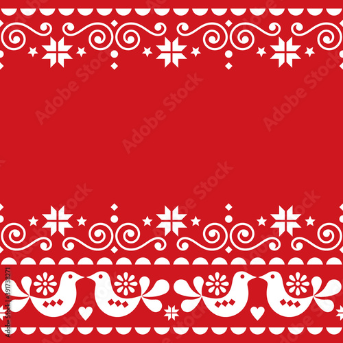Christmas Scandinavian merry vector greeting card design - cute traditional embroidery folk art style pattern with Christmas trees, hearts and swirls
