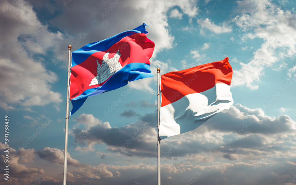Beautiful national state flags of Indonesia and Cambodia. Beautiful national state flags of Indonesia and Cambodia.