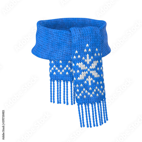 Blue wool knitted scarf with a pattern on a white background, 3D render