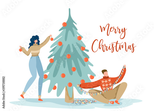 The girl and the guy are decorating the Christmas tree. The man unravels the garland. Merry christmas postcard. Vector illustration.