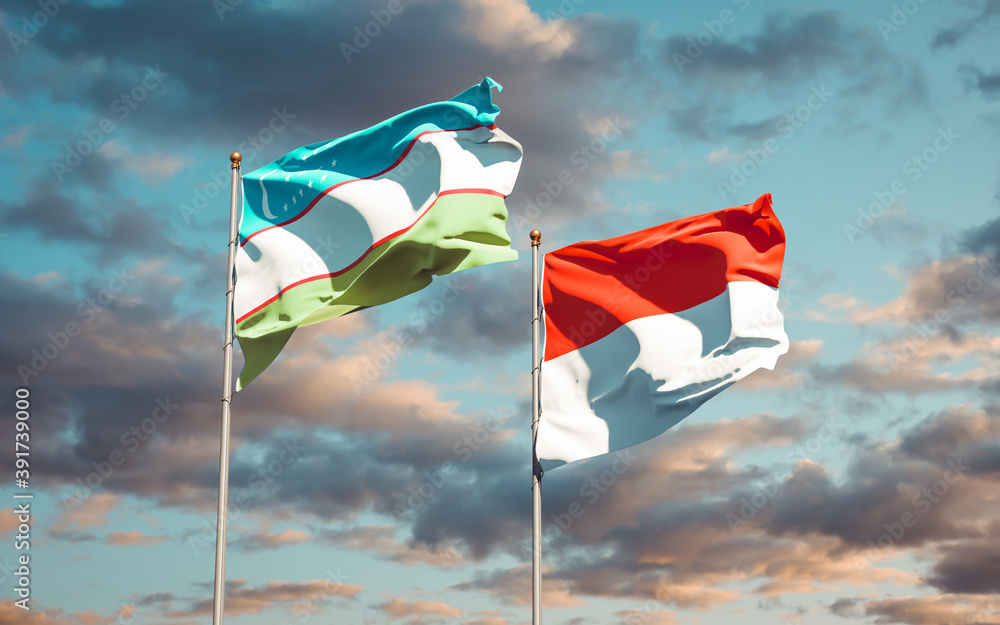 Beautiful national state flags of Uzbekistan and Indonesia. Beautiful national state flags of Uzbekistan and Indonesia.