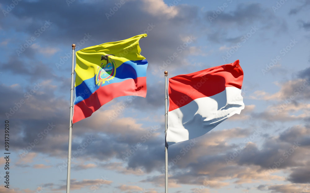 Beautiful national state flags of Ecuador and Indonesia. Beautiful national state flags of Ecuador and Indonesia.