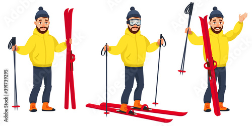 Skier in different poses. Male character in cartoon style.