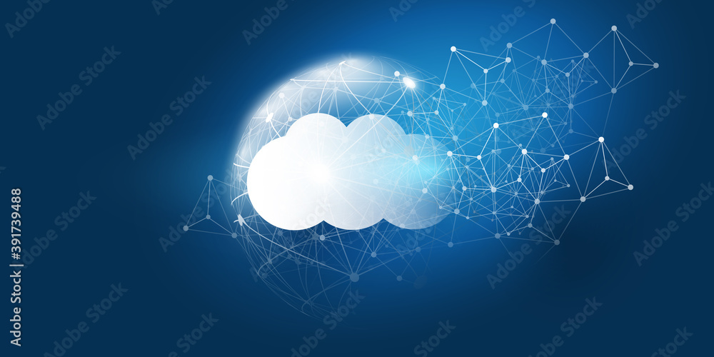 Cloud Computing Design Concept - Digital Connections, Technology Background with Transparent Grid, Globe and Geometric Network Mesh