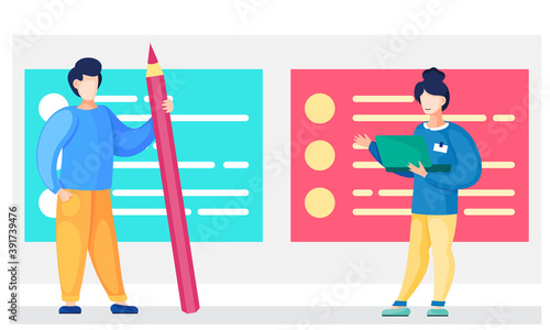 Guy and a girl communicate during a break with colored text on the background. The guy stands with a pencil and discusses with a woman. Girl working on laptop. Office staff working day in the studio
