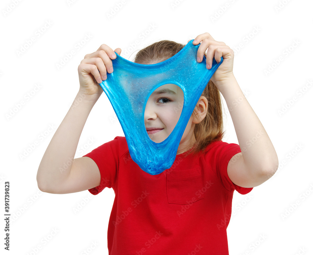 Girl stretches slime toy in hands Girl stretches slime toy in hands