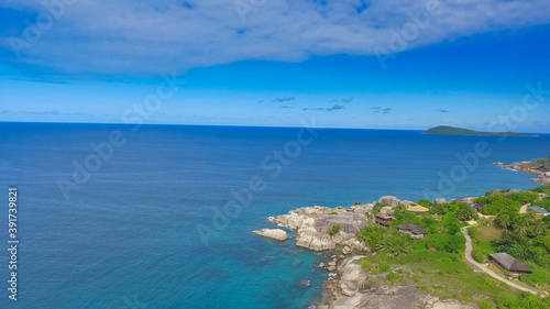 Aerial view of the beautiful coast of La Digue island, Seychelles