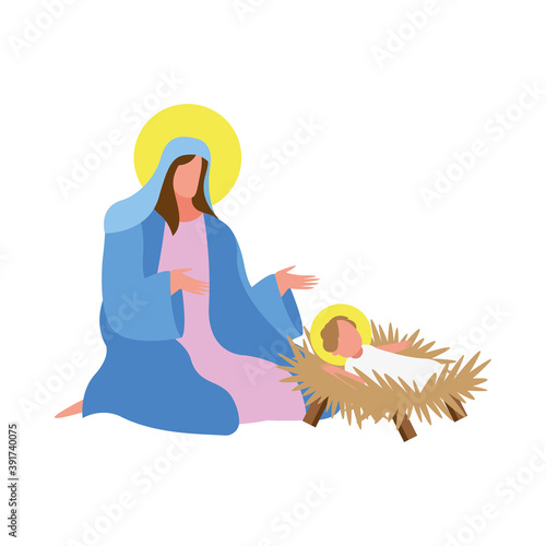 mary virgin and jesus manger character icon
