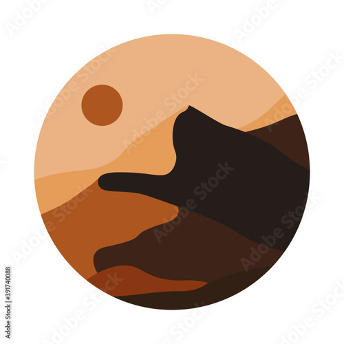 Abstract landscape. Boho desert sun oriental style, contemporary travel icon for social media story highlight cover, blog, print. Vector illustration