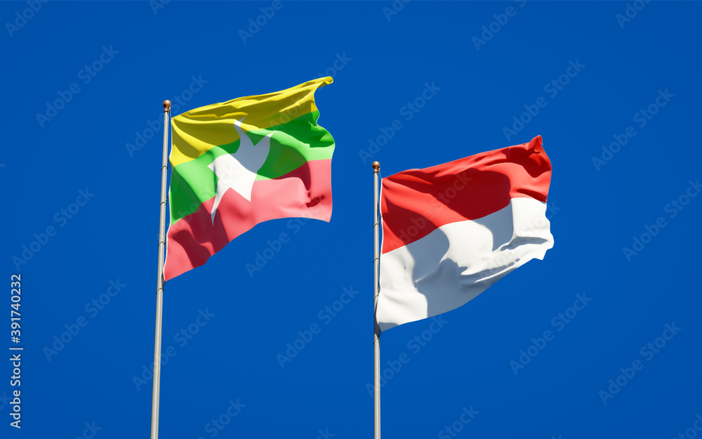 Beautiful national state flags of Myanmar and Indonesia. Beautiful national state flags of Myanmar and Indonesia.