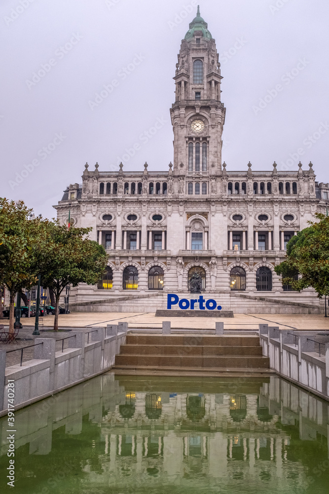 The Municipal do Porto in the early morning with a blue Porto sign in front  Stock Photo | Adobe Stock