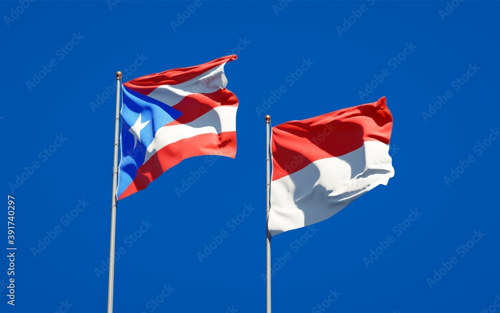 Beautiful national state flags of Puerto Rico and Indonesia.