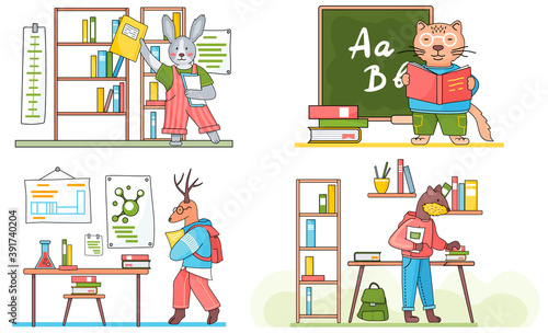 Characters of forest inhabitants get an education, studying with books, reading at a lesson. Illustration of animals in a classroom. Collection of funny cartoon animals students. Back to school set