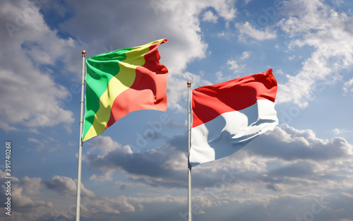 Beautiful national state flags of Republic of the Congo and Indonesia.