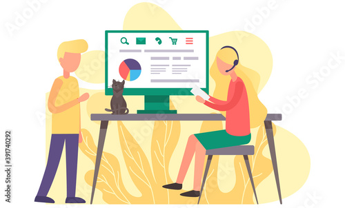 Online consultation of the veterinarian. Girl with headphones chat operator talking to the man owner of cat sitting near laptop. Modern technologies remotely communication with animal welfare service