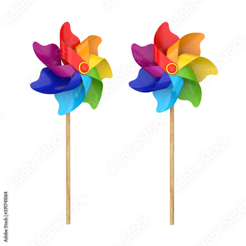 Pinwheel multicolored rainbow on a stick on a white background, 3D render
