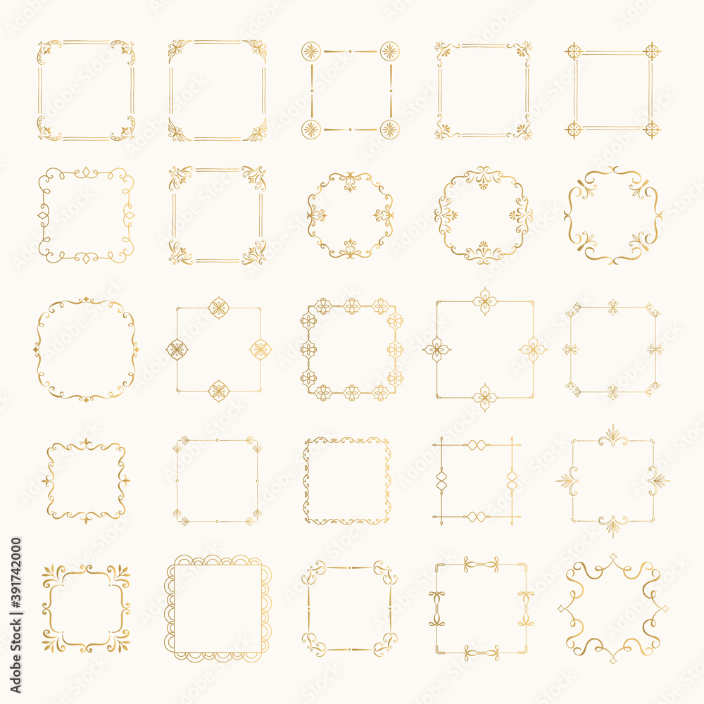 Collection of luxury hand drawn frames. Golden rectangle borders. Vector isolated illustration. Collection of luxury hand drawn frames. Golden rectangle borders. Vector isolated illustration.