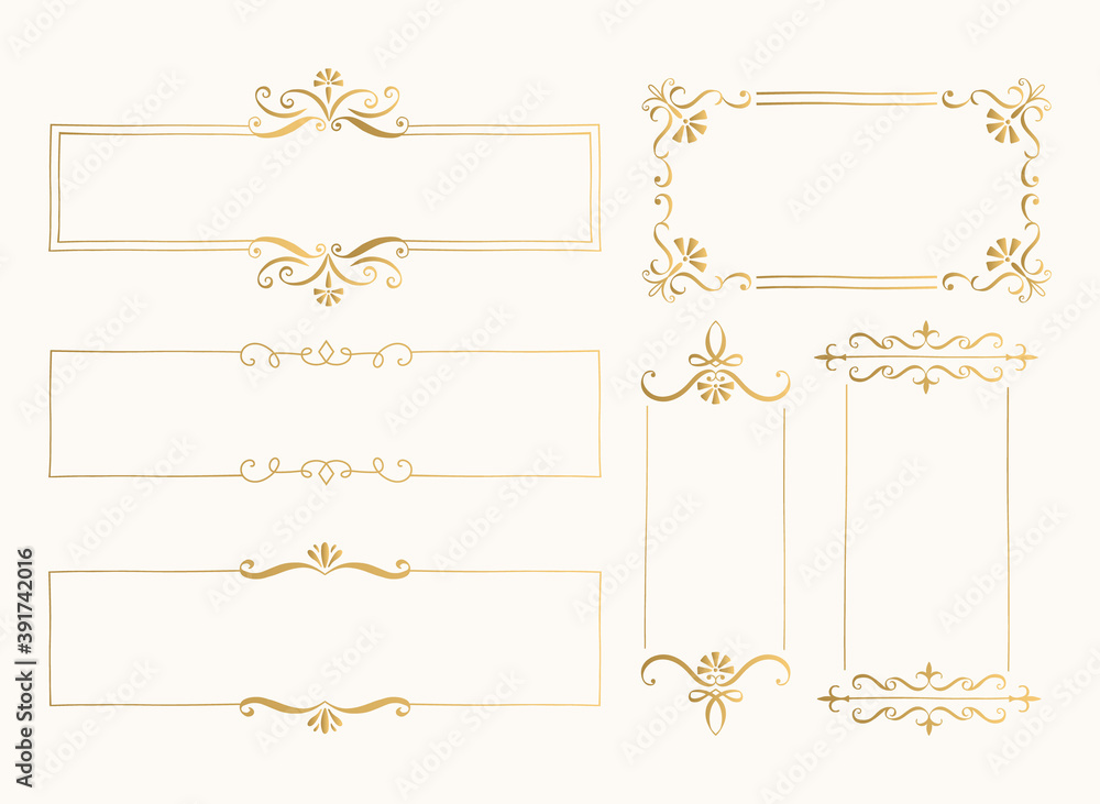 Set of golden rectangular frames. Elegant luxurious borders. Menu design. Vector illustration.