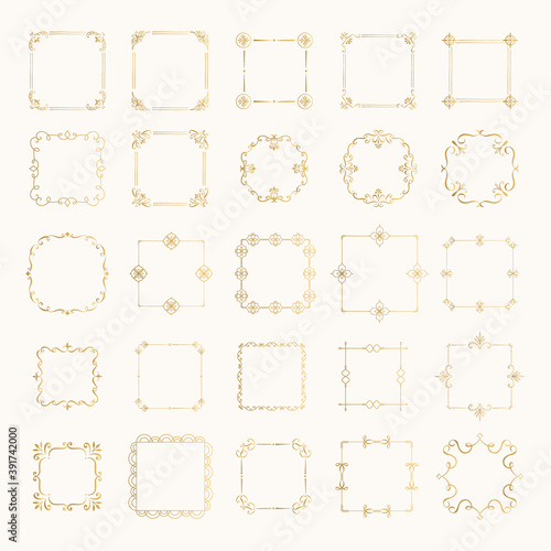 Collection of luxury hand drawn frames. Golden rectangle borders. Vector isolated illustration. 