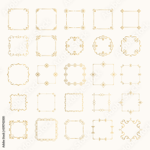 Collection of luxury hand drawn frames. Golden rectangle borders. Vector isolated illustration.	